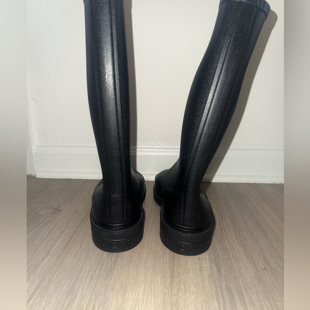 CHANEL Rubber Rain Boots - Black with White Logo and Burgundy Interior - Picture 7 of 8